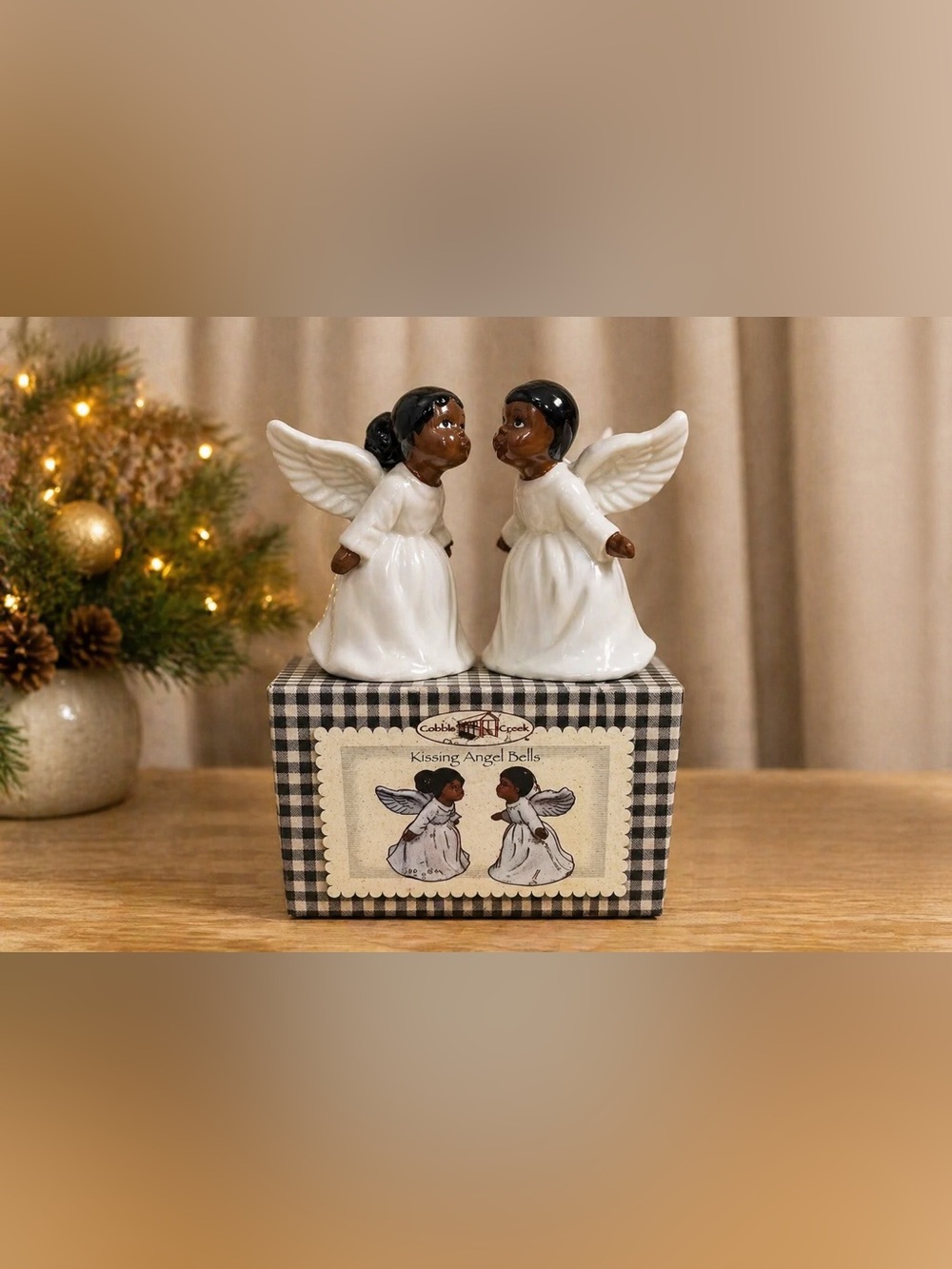 Cobble Creek Kissing Angels Bells African American Boy & Girl New In Box